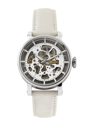 Fossil Boyfriend Automatic Skeleton Silver Dial White Leather Strap Watch for Women - ME3069 Authentic Buy Shop Now