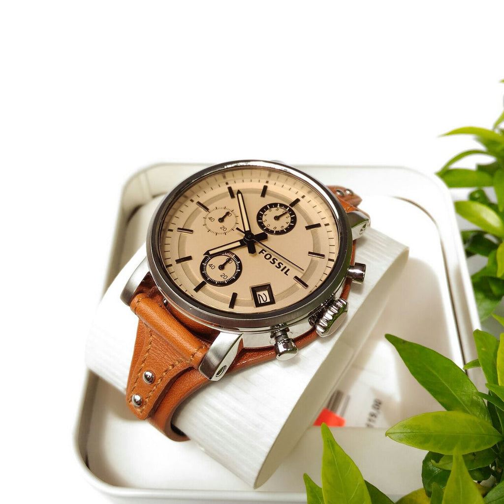 Fossil Original Boyfriend Sport Chronograph Beige Dial Brown Leather Strap Watch for Women - ES4046 Authentic Buy Shop Now
