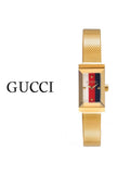 Gucci G Frame Quartz Diamonds White Red Blue Dial Gold Mesh Bracelet Watch For Women - YA147511 Authentic Buy Shop Now