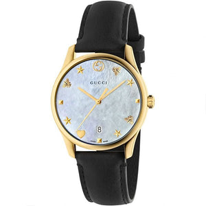 Gucci G-Timeless Mother of Pearl Dial Black Leather Strap Watch For Women - YA1264044 Authentic Buy Shop Now