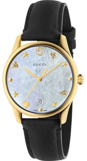 Gucci G-Timeless Mother of Pearl Dial Black Leather Strap Watch For Women - YA126589 Authentic Buy Shop Now