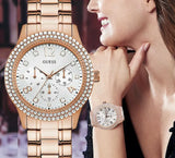 Guess Bedazzle Diamonds Silver Dial Rose Gold Steel Strap Watch For Women - W1097L3 Authentic Buy Shop Now