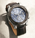 Guess Pinnacle Chronograph Quartz Blue Dial Brown Leather Strap Watch For Men - W0673G1 Authentic Buy Shop Now