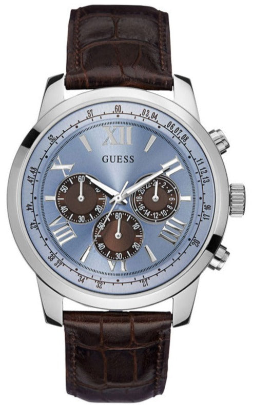 Guess Horizon Chronograph Analog Blue Dial Brown Leather Strap Watch For Men - W0380G6 Authentic Buy Shop Now