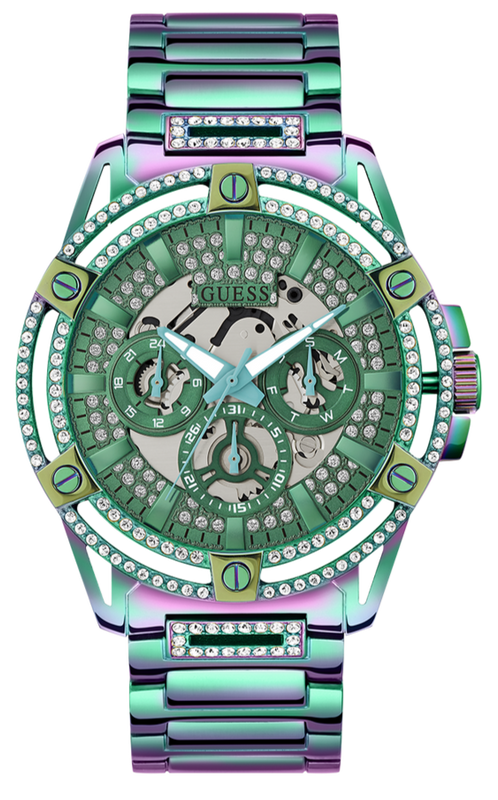 Guess King Iridescent Multifunction Multicolor Dial Purple Steel Strap Watch For Men - GW0497G3