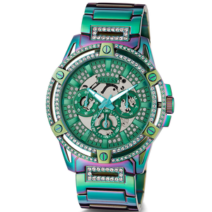 Guess King Iridescent Multifunction Multicolor Dial Purple Steel Strap Watch For Men - GW0497G3