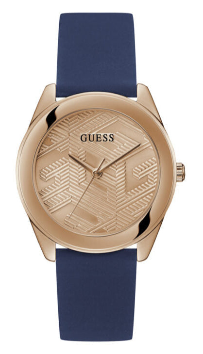 Guess Cubed Analog Rose Gold Dial Blue Leather Strap Watch For Women - GW0665L2 Authentic Buy Shop Now