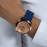 Guess Cubed Analog Rose Gold Dial Blue Leather Strap Watch For Women - GW0665L2 Authentic Buy Shop Now