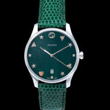 Gucci G-Timeless Green Mother of Pearl Dial Green Leather Strap Watch For Women - YA126585 Authentic Buy Shop Now