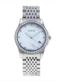 Gucci G Timeless Diamonds Mother of Pearl Dial Silver Steel Strap Watch For Women - YA126506 Authentic Buy Shop Now