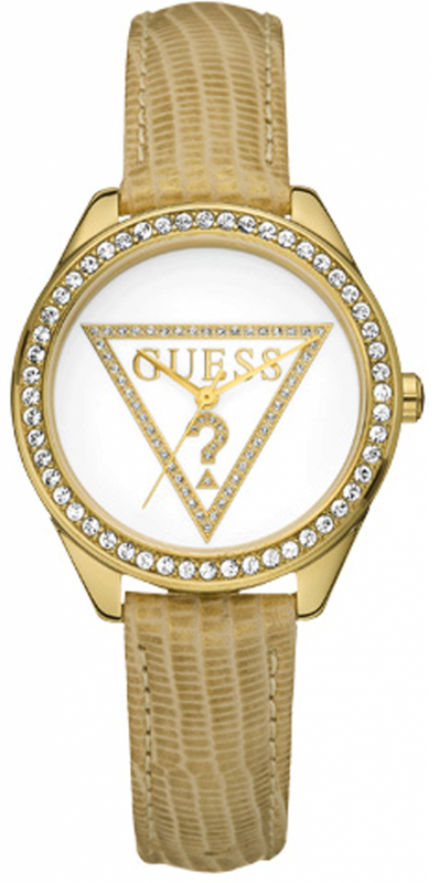 Guess Mini Triangle Quartz White Dial Gold Leather Strap Watch For Women - W70015l1 Authentic Buy Shop Now