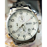 Hugo Boss Aeroliner Chronograph Quartz White Dial Silver Steel Strap Watch For Men - HB1512445 Authentic Buy Shop Now