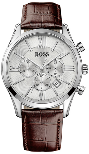 Hugo Boss Ambassador Chronograph Silver Dial Brown Leather Strap Watch For Men - HB1513195 Authentic Buy Shop Now