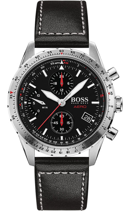 Hugo Boss Aero Chronograph Black Dial Black Leather Strap Watch for Men - 1513770 Authentic Buy Shop Now