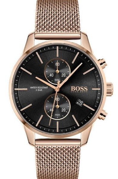 Hugo Boss Associate Black Dial Rose Gold Mesh Bracelet Watch for Men - 1513806 Authentic Buy Shop Now