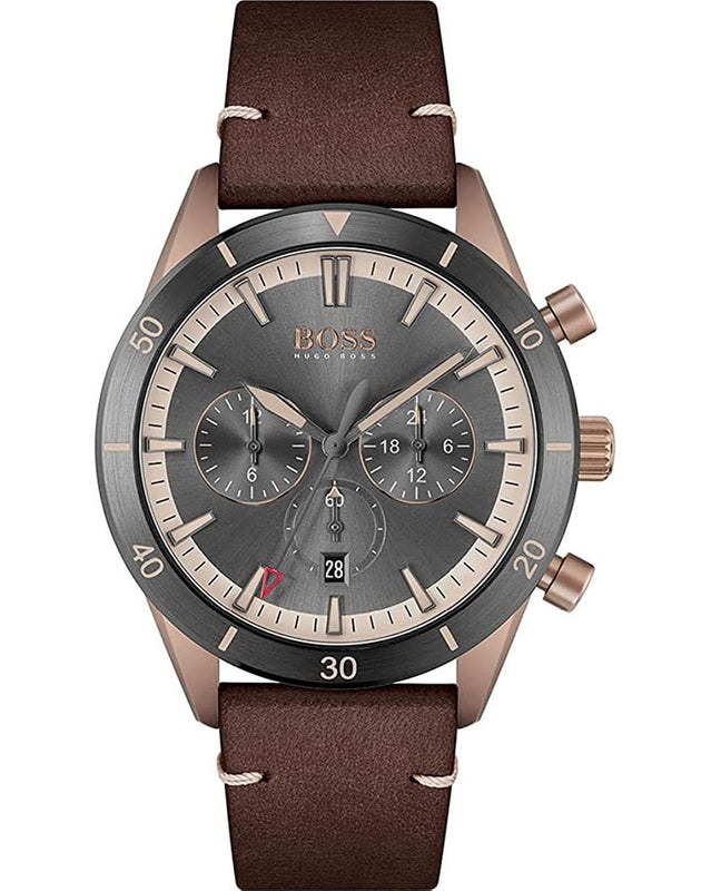 Hugo Boss Santiago Chronograph Grey Dial Brown Leather Strap Watch for Men - 1513861 Authentic Buy Shop Now