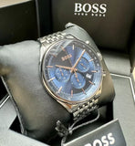 Hugo Boss Gregor Chronograph Blue Dial Grey Steel Strap Watch For Men - 1514083 Authentic Buy Shop Now