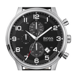 Hugo Boss Aeroliner Chronograph Black Dial Black Leather Strap Watch For Men - 1512448 Authentic Buy Shop Now
