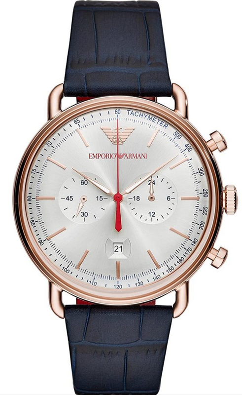 Emporio Armani Aviator Silver Dial Blue Leather Strap Watch For Men - AR11123 Authentic Buy Shop Now