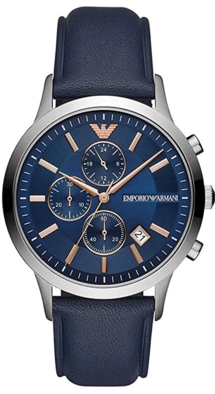 Emporio Armani Renato Chronograph Blue Dial Black Leather Strap Watch For Men - AR11216 Authentic Buy Shop Now
