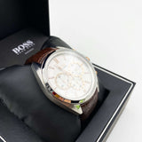 Hugo Boss Driver Chronograph Silver Dial Brown Leather Strap Watch For Men - 1512881 Authentic Buy Shop Now