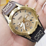 Fossil Nate Chronograph Gold Dial Brown Leather Strap Watch for Men - JR1495 Authentic Buy Shop Now