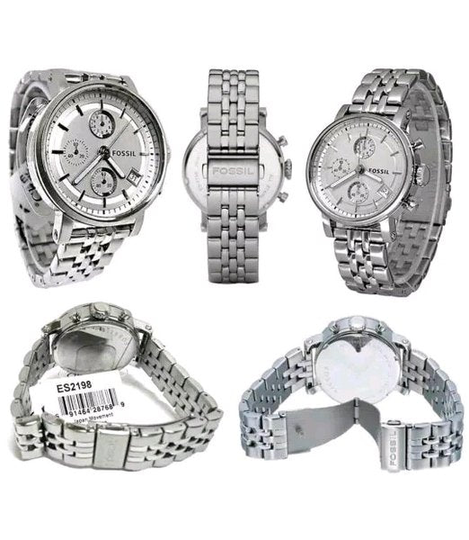 Fossil Boyfriend Chronograph Silver Dial Silver Steel Strap Watch for Women - ES2198 Authentic Buy Shop Now