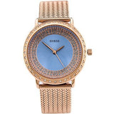 Guess Willow Crystal Blue Dial Rose Gold Mesh Bracelet Watch For Women - W0836L1 Authentic Buy Shop Now