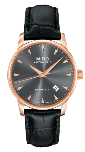 Mido Baroncelli III Automatic Grey Dial Black Leather Strap Watch For Men - M8600.3.13.4 Authentic Buy Shop Now