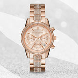 Michael Kors Ritz Chronograph Rose Gold Dial Rose Gold Steel Strap Watch For Women - MK6485 Authentic Buy Shop Now
