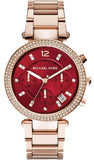 Michael Kors Parker Chronograph Red Dial Rose Gold Steel Strap Watch For Women - MK6106 Authentic Buy Shop Now