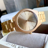 Michael Kors Slim Runway Quartz Gold Dial Gold Steel Strap Watch For Women - MK4501 Authentic Buy Shop Now
