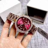 Michael Kors Parker Chronograph Red Dial Rose Gold Steel Strap Watch For Women - MK6106 Authentic Buy Shop Now