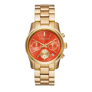 Michael Kors Runway Chronograph Orange Dial Gold Steep Strap Watch For Women - MK6162 Authentic Buy Shop Now
