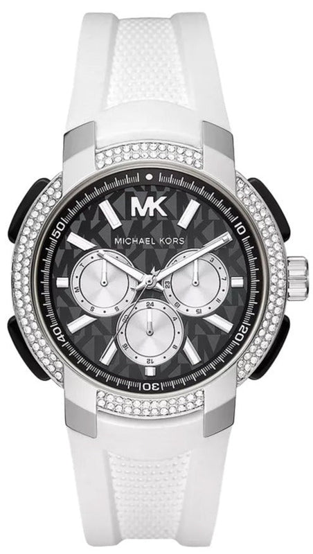 Michael Kors Sidney Multifunction Black Dial White Silicone Strap Watch For Women - MK6947 Authentic Buy Shop Now