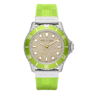 Michael Kors Everest Three Hand Crystals Silver Dial Green Silicone Strap Watch For Women - MK7360 Authentic Buy Shop Now
