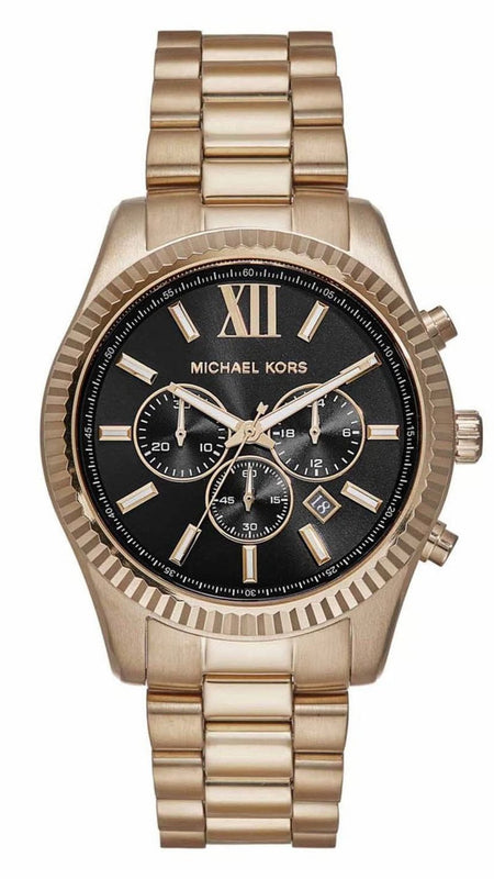 Michael Kors Lexington Chronograph Black Dial Gold Steel Strap Watch for Men - MK9155 Authentic Buy Shop Now
