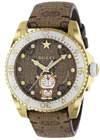 Gucci Dive Doraemon Brown Dial Brown Leather Strap Watch For Men - YA136334 Authentic Buy Shop Now