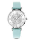 Emporio Armani Gianni T Bar Analog Crystals Silver Dial Blue Leather Strap Watch For Women - AR11443 Authentic Buy Shop Now
