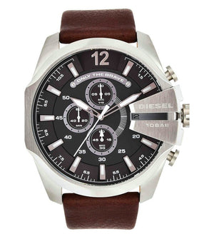 Diesel Mega Chief Chronograph Black Dial Brown Leather Strap Watch For Men - DZ4290 Authentic Buy Shop Now