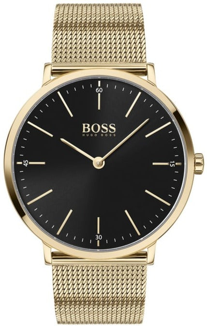 Hugo Boss Horizon Quartz Black Dial Gold Mesh Bracelet Watch For Men - 1513735 Authentic Buy Shop Now