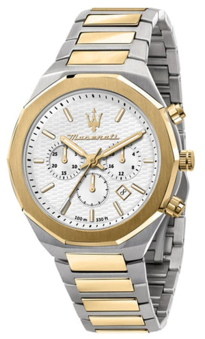 Maserati Stile Chronograph White Dial Two Tone Steel Strap Watch For Men - R8873642009 Authentic Buy Shop Now