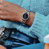Daniel Wellington Iconic Link Black Dial Silver Steel Strap Watch For Women - DW00100208 Authentic Buy Shop Now