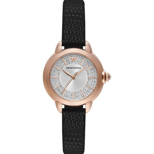 Emporio Armani Mia Three Hand Crystals Silver Dial Black Leather Strap Watch For Women - AR11631 Authentic Buy Shop Now