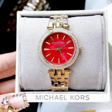 Michael Kors Darci Quartz Mother of Pearl Red Dial Gold Steel Strap Watch For Women - MK3583 Authentic Buy Shop Now