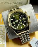 Michael Kors Lexington Chronograph Green Dial Gold Steel Strap Watch for Men - MK8446 Authentic Buy Shop Now