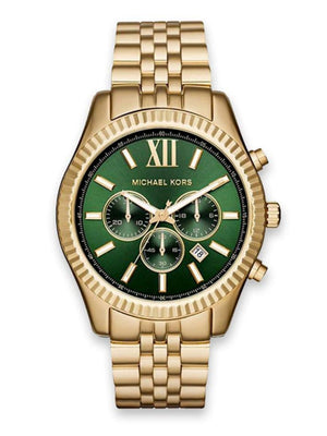 Michael Kors Lexington Chronograph Green Dial Gold Steel Strap Watch for Men - MK8446 Authentic Buy Shop Now