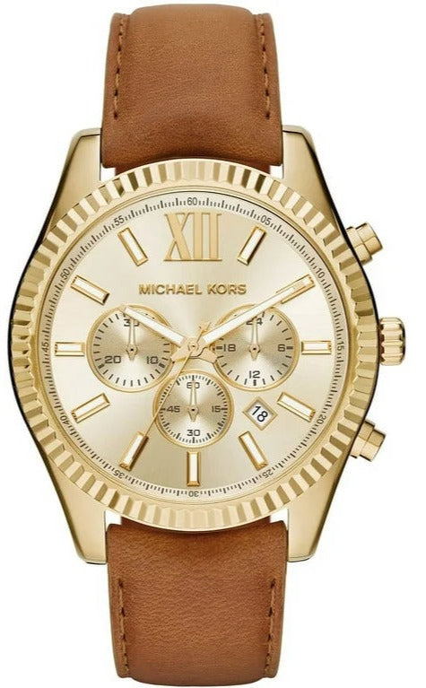 Michael Kors Lexington Chronograph Gold Dial Brown Leather Strap Watch For Men - MK8447 Authentic Buy Shop Now