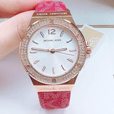 Michael Kors Lennox Three Hand Silver Dial Red Leather Strap Watch For Women - MK7308 Authentic Buy Shop Now