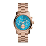 Michael Kors Runway Chronograph Turquoise Dial Rose Gold Steel Strap Watch For Women - MK6164 Authentic Buy Shop Now
